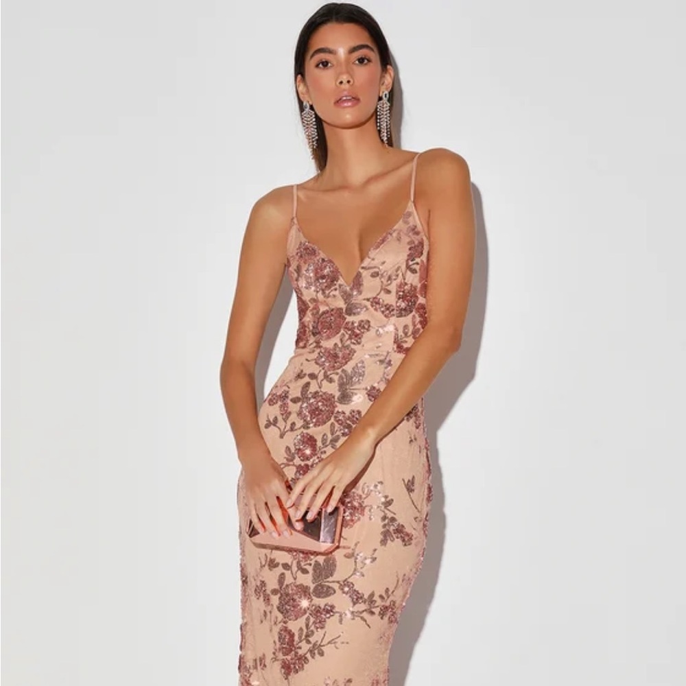 Lulu's Rose Gold Sequin Mermaid Maxi Dress Size M